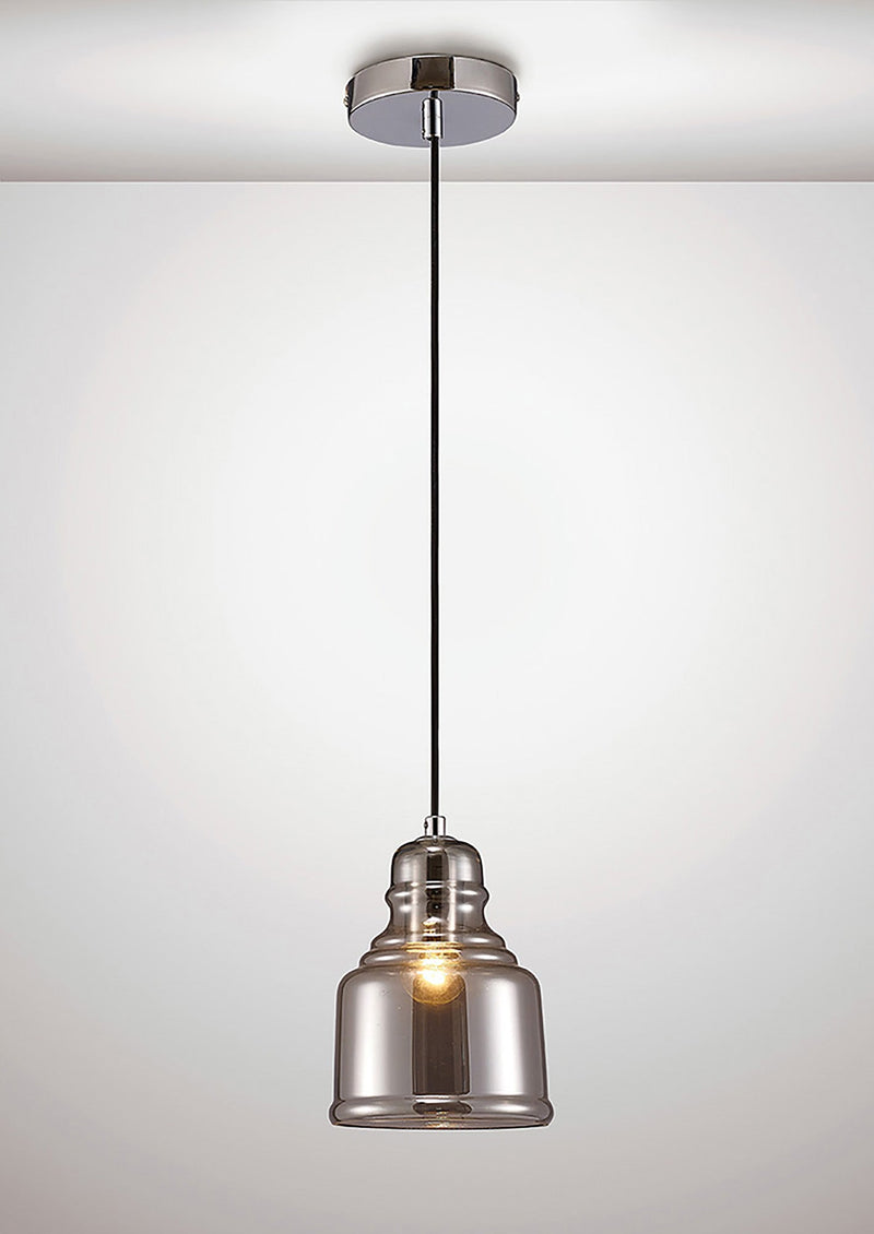 Deco Ariel Single Bell Pendant 1 Light E27 Polished Chrome/Smoke Glass • D0100
