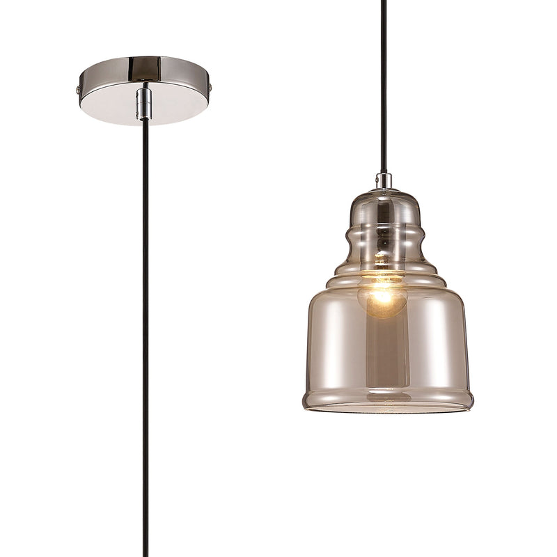 Deco Ariel Single Bell Pendant 1 Light E27 Polished Chrome/Smoke Glass • D0100