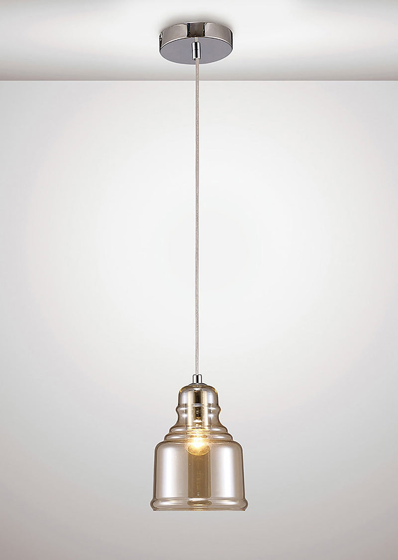 Deco Ariel Single Bell Pendant 1 Light E27 Polished Chrome/Cognac Glass • D0101