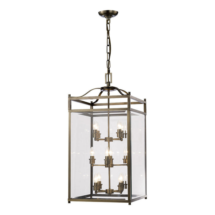 Diyas Aston Square Pendant 12 Light E14 Antique Brass/Glass (Pallet Shipment Only, Additional Charges May Apply.) Item Weight: 22.2kg • IL31115