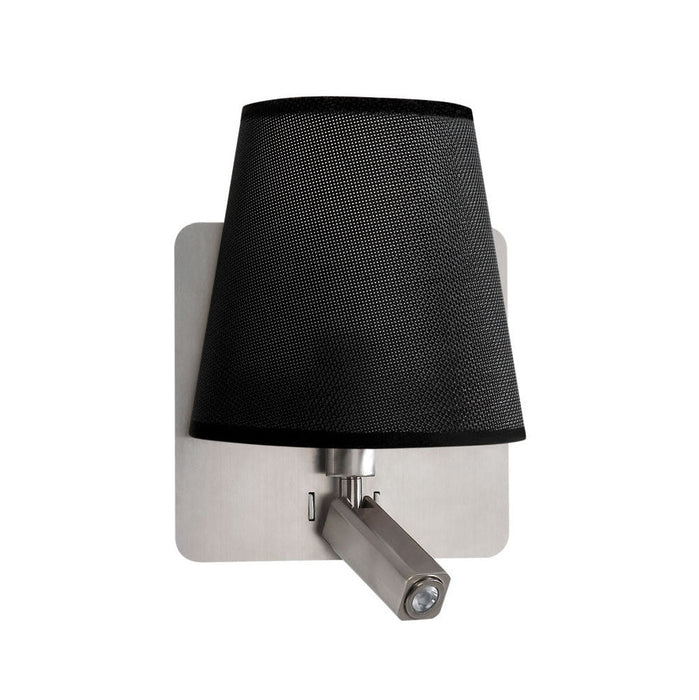 Mantra M5231 Bahia Wall Lamp With Large Back Plate 1 Light E27 + Reading Light 3W LED With Black Shade Satin Nickel 4000K, 200lm,, 3yrs Warranty • M5231