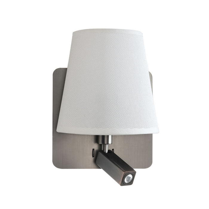 Mantra M5232 Bahia Wall Lamp With Large Back Plate 1 Light E27 + Reading Light 3W LED With White Shade Satin Nickel 4000K, 200lm,, 3yrs Warranty • M5232