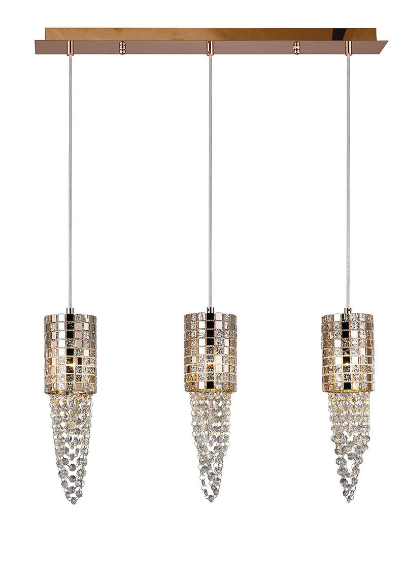 Diyas  Camden Linear Pendant 3 Light G9 Line Rose Gold, Mosaic Glass, Crystal • IL31627