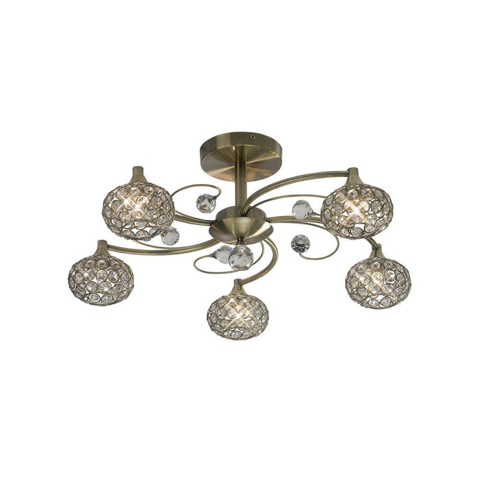 Diyas Cara Semi Ceiling 5 Light G9 Antique Brass/Crystal • IL30945