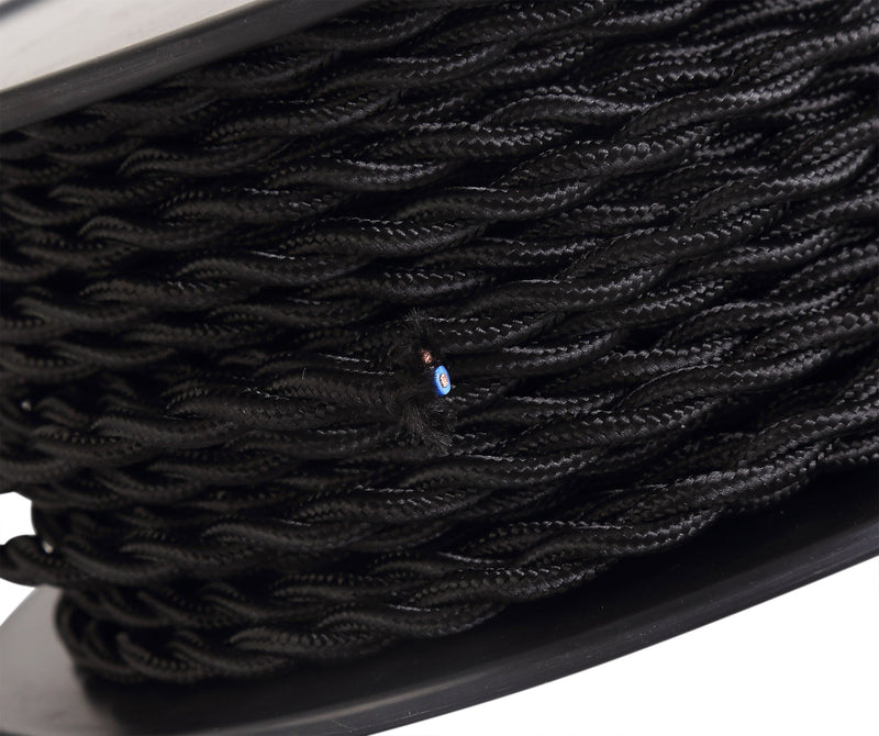 Deco Cavo 1m Black Braided Twisted 2 Core 0.75mm Cable VDE Approved (qty ordered will be supplied as one continuous length) • D0241