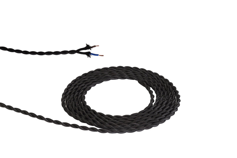 Deco Cavo 1m Black Braided Twisted 2 Core 0.75mm Cable VDE Approved (qty ordered will be supplied as one continuous length) • D0241