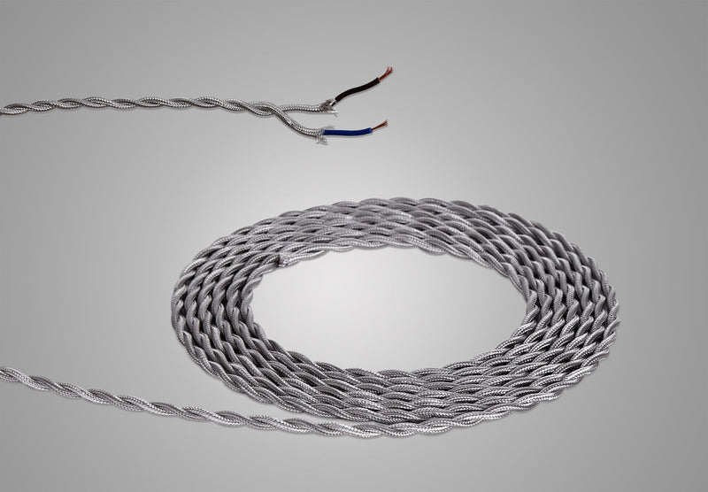 Deco Cavo 1m Silver Braided Twisted 2 Core 0.75mm Cable VDE Approved (qty ordered will be supplied as one continuous length) • D0246