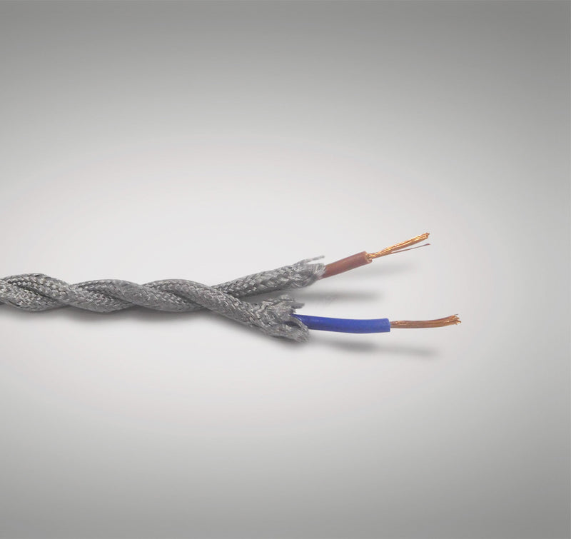 Deco Cavo 1m Silver Braided Twisted 2 Core 0.75mm Cable VDE Approved (qty ordered will be supplied as one continuous length) • D0246