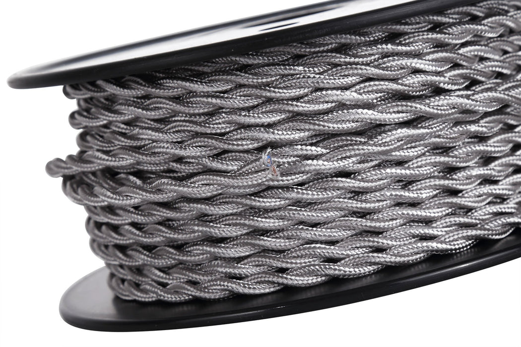 Deco Cavo 1m Silver Braided Twisted 2 Core 0.75mm Cable VDE Approved (qty ordered will be supplied as one continuous length) • D0246