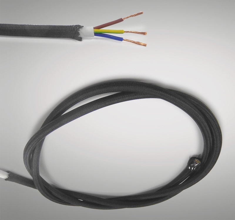 Deco Cavo 1m Black Braided 3 Core 0.75mm Cable VDE Approved (qty ordered will be supplied as one continuous length) • D0424