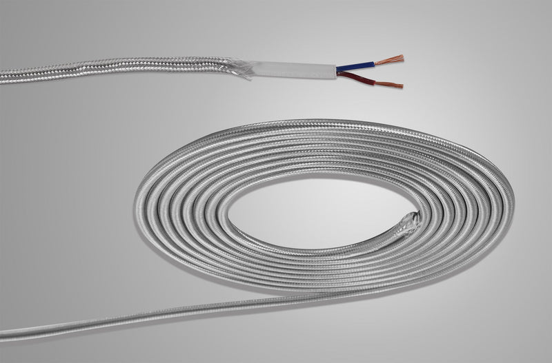 Deco Cavo 1m Silver Braided 2 Core 0.75mm Cable VDE Approved (qty ordered will be supplied as one continuous length) • D0520