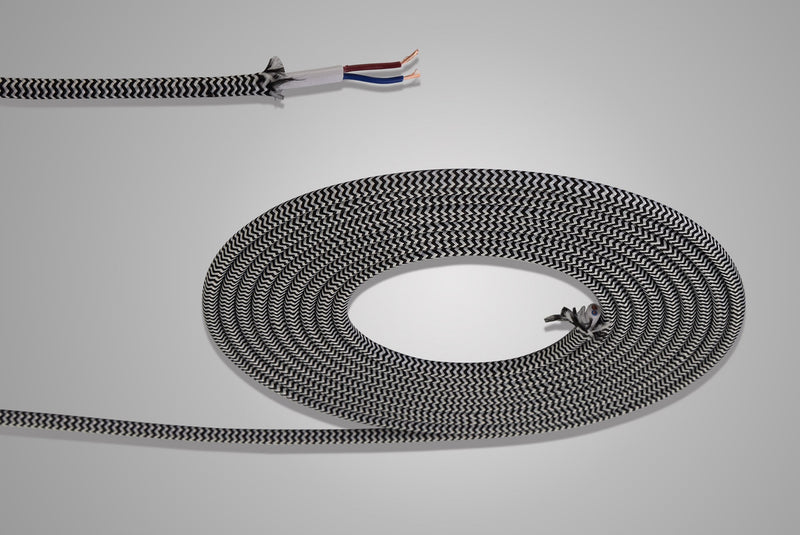 Deco Cavo 1m Black & White Wave Stripe Braided 2 Core 0.75mm Cable VDE Approved (qty ordered will be supplied as one continuous length) • D0530