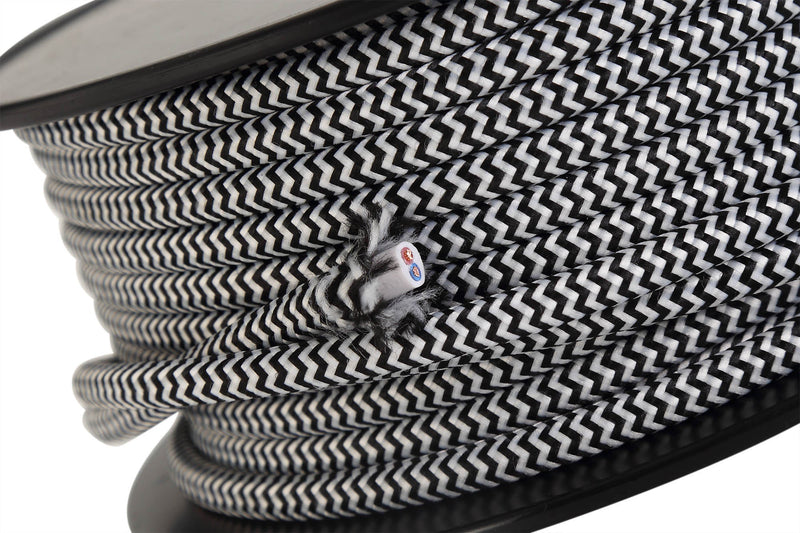 Deco Cavo 1m Black & White Wave Stripe Braided 2 Core 0.75mm Cable VDE Approved (qty ordered will be supplied as one continuous length) • D0530