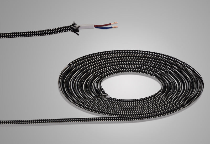 Deco Cavo 1m Black & White Spot Braided 2 Core 0.75mm Cable VDE Approved (qty ordered will be supplied as one continuous length) • D0531