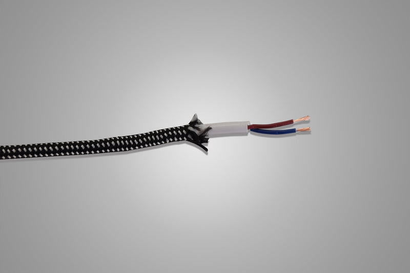 Deco Cavo 1m Black & White Spot Braided 2 Core 0.75mm Cable VDE Approved (qty ordered will be supplied as one continuous length) • D0531