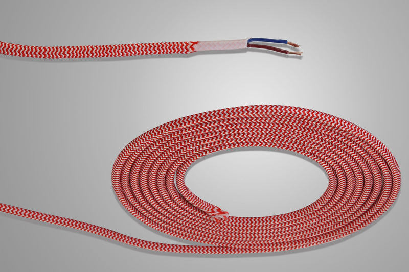 Deco Cavo 1m Red & White Wave Stripes Braided 2 Core 0.75mm Cable VDE Approved (qty ordered will be supplied as one continuous length) • D0532