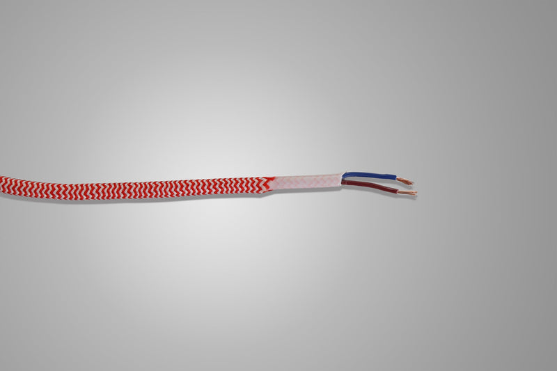 Deco Cavo 1m Red & White Wave Stripes Braided 2 Core 0.75mm Cable VDE Approved (qty ordered will be supplied as one continuous length) • D0532