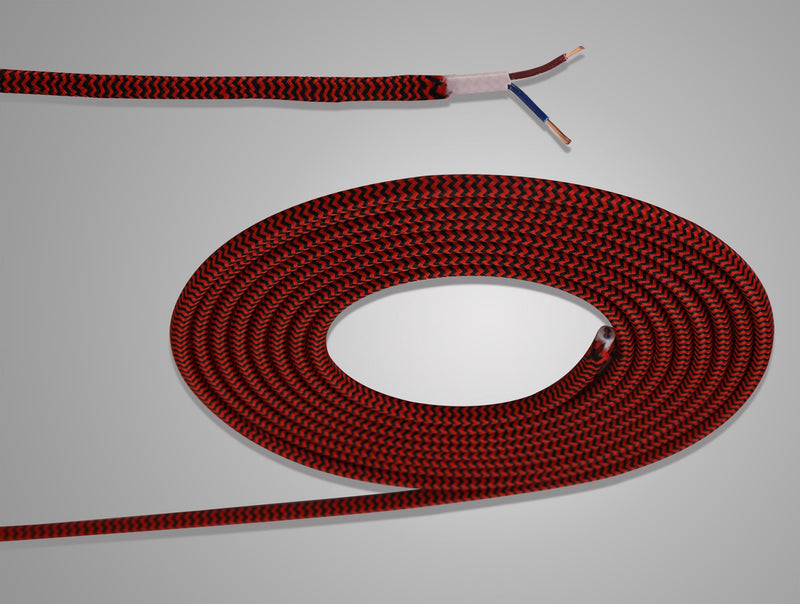 Deco Cavo 1m Red & Black Wave Stripes Braided 2 Core 0.75mm Cable VDE Approved (qty ordered will be supplied as one continuous length) • D0533