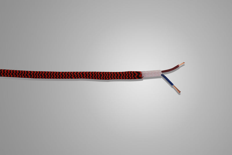 Deco Cavo 1m Red & Black Wave Stripes Braided 2 Core 0.75mm Cable VDE Approved (qty ordered will be supplied as one continuous length) • D0533