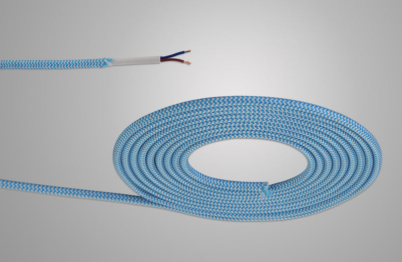 Deco Cavo 1m Blue & White Wave Stripes Braided 2 Core 0.75mm Cable VDE Approved (qty ordered will be supplied as one continuous length) • D0534