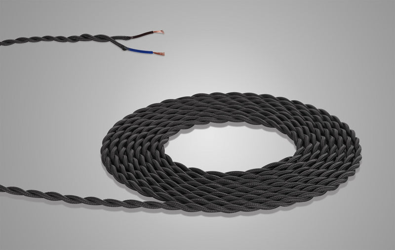 Deco Cavo 1m Grey Braided Twisted 2 Core 0.75mm Cable VDE Approved (qty ordered will be supplied as one continuous length) • D0535