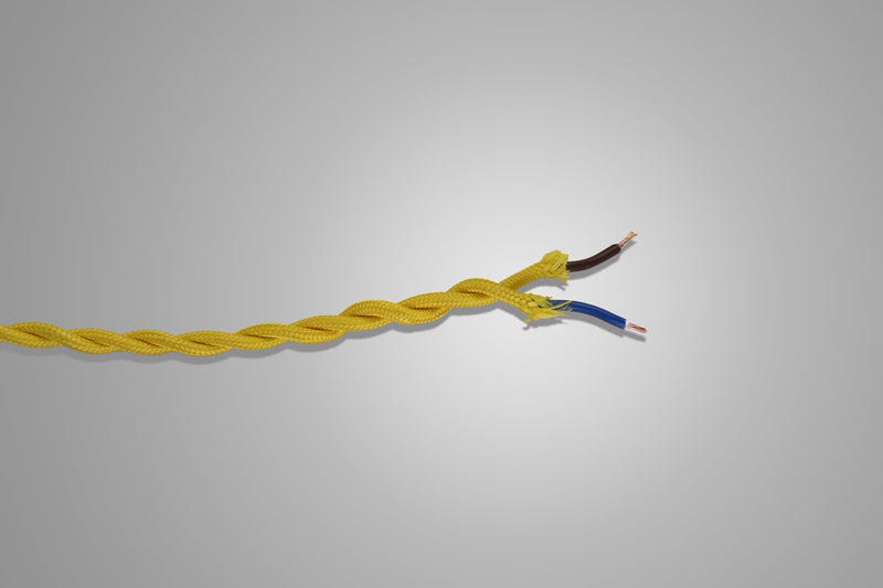 Deco Cavo 1m Yellow Braided Twisted 2 Core 0.75mm Cable VDE Approved (qty ordered will be supplied as one continuous length) • D0539