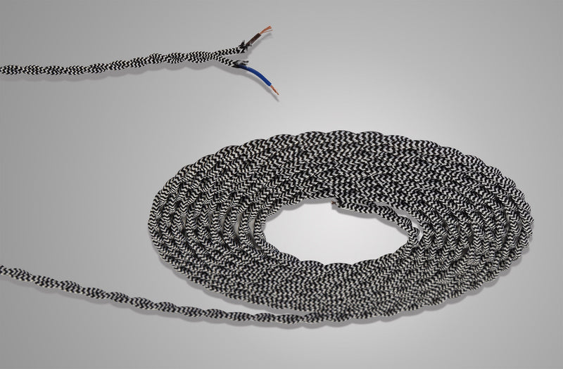 Deco Cavo 1m Black & White Wave Stripe Braided Twisted 2 Core 0.75mm Cable VDE Approved (qty ordered will be supplied as one continuous length) • D0541