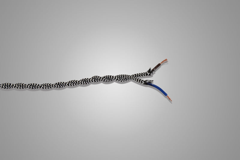 Deco Cavo 1m Black & White Wave Stripe Braided Twisted 2 Core 0.75mm Cable VDE Approved (qty ordered will be supplied as one continuous length) • D0541