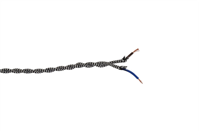 Deco Cavo 1m Black & White Wave Stripe Braided Twisted 2 Core 0.75mm Cable VDE Approved (qty ordered will be supplied as one continuous length) • D0541