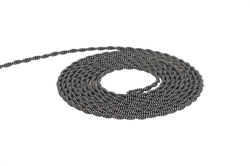 Deco Cavo 1m Black & White Wave Stripe Braided Twisted 2 Core 0.75mm Cable VDE Approved (qty ordered will be supplied as one continuous length) • D0541