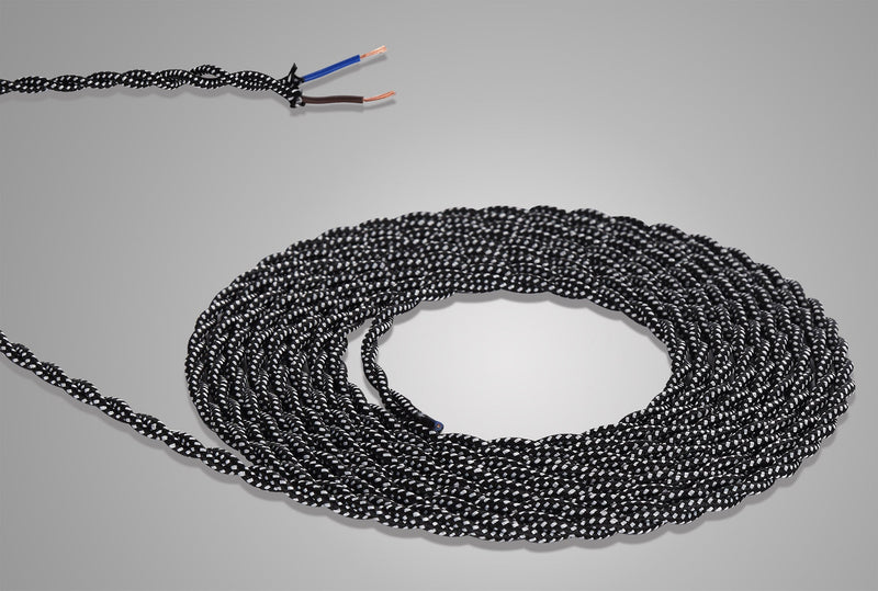 Deco Cavo 1m Black & White Spot Braided Twisted 2 Core 0.75mm Cable VDE Approved (qty ordered will be supplied as one continuous length) • D0542