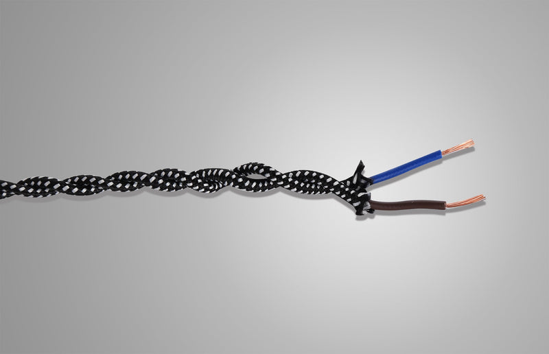 Deco Cavo 1m Black & White Spot Braided Twisted 2 Core 0.75mm Cable VDE Approved (qty ordered will be supplied as one continuous length) • D0542