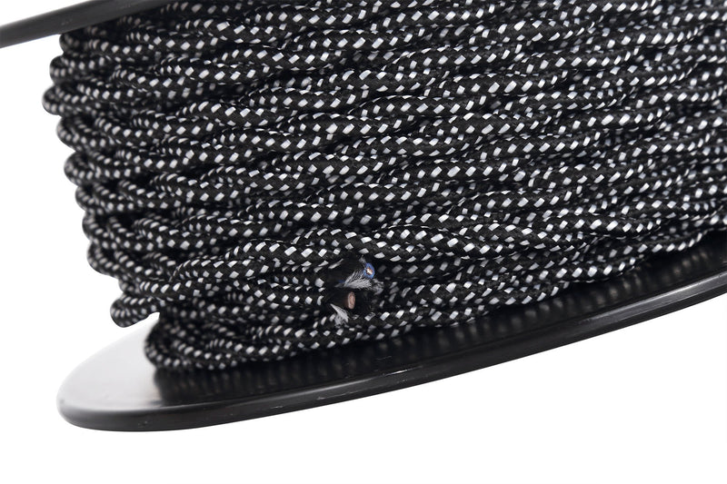 Deco Cavo 1m Black & White Spot Braided Twisted 2 Core 0.75mm Cable VDE Approved (qty ordered will be supplied as one continuous length) • D0542