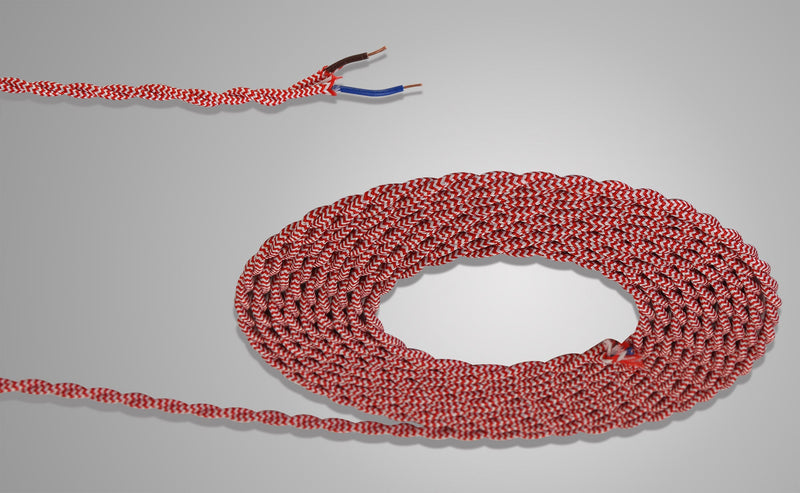 Deco Cavo 1m Red & White Wave Stripe Braided Twisted 2 Core 0.75mm Cable VDE Approved (qty ordered will be supplied as one continuous length) • D0543