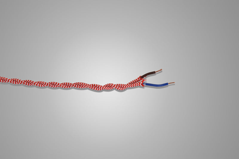 Deco Cavo 1m Red & White Wave Stripe Braided Twisted 2 Core 0.75mm Cable VDE Approved (qty ordered will be supplied as one continuous length) • D0543