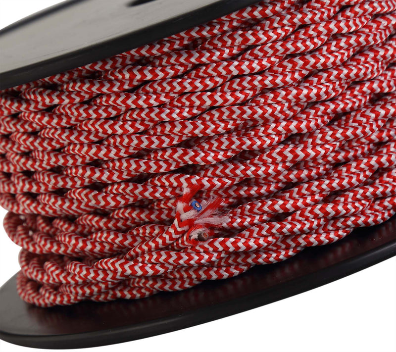 Deco Cavo 1m Red & White Wave Stripe Braided Twisted 2 Core 0.75mm Cable VDE Approved (qty ordered will be supplied as one continuous length) • D0543