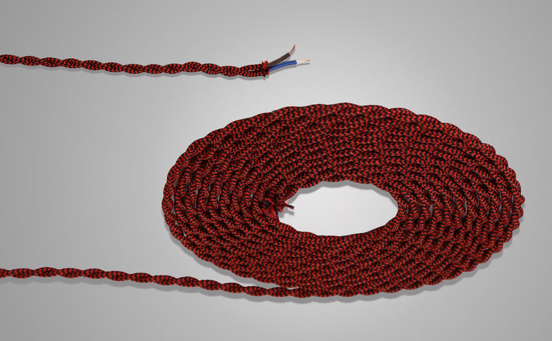Deco Cavo 1m Red & BlackWave Stripe Braided Twisted 2 Core 0.75mm Cable VDE Approved (qty ordered will be supplied as one continuous length) • D0544