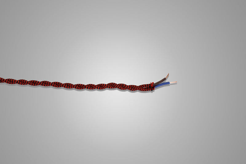 Deco Cavo 1m Red & BlackWave Stripe Braided Twisted 2 Core 0.75mm Cable VDE Approved (qty ordered will be supplied as one continuous length) • D0544