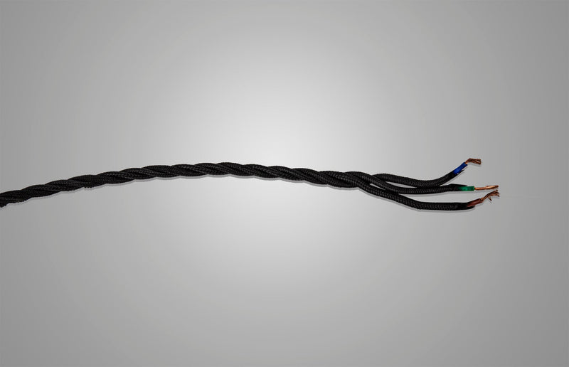 Deco Cavo 1m Black Braided Twisted 3 Core 0.75mm Cable VDE Approved (qty ordered will be supplied as one continuous length) • D0663