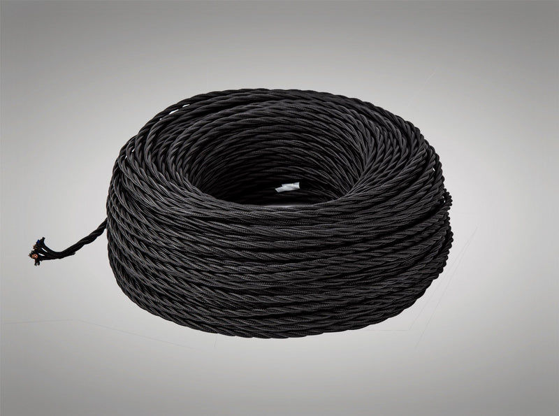 Deco Cavo 1m Black Braided Twisted 3 Core 0.75mm Cable VDE Approved (qty ordered will be supplied as one continuous length) • D0663