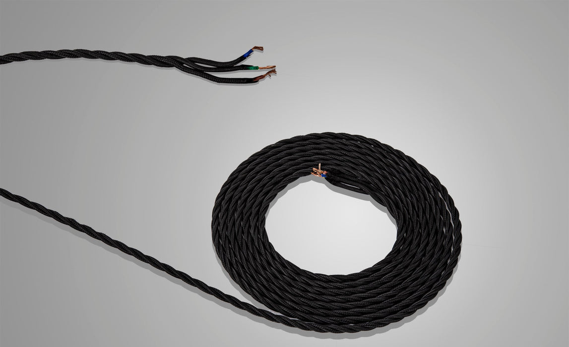 Deco Cavo 1m Black Braided Twisted 3 Core 0.75mm Cable VDE Approved (qty ordered will be supplied as one continuous length) • D0663