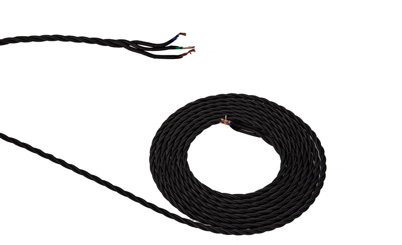 Deco Cavo 1m Black Braided Twisted 3 Core 0.75mm Cable VDE Approved (qty ordered will be supplied as one continuous length) • D0663