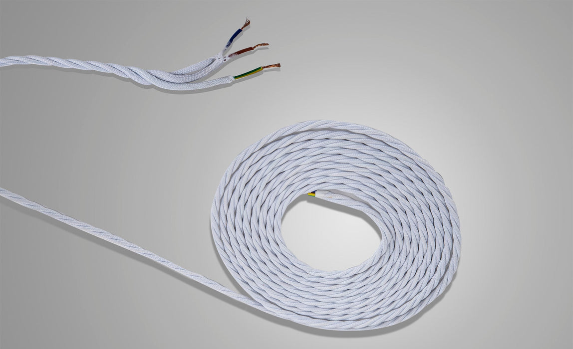 Deco Cavo 1m White Braided Twisted 3 Core 0.75mm Cable VDE Approved (qty ordered will be supplied as one continuous length) • D0664