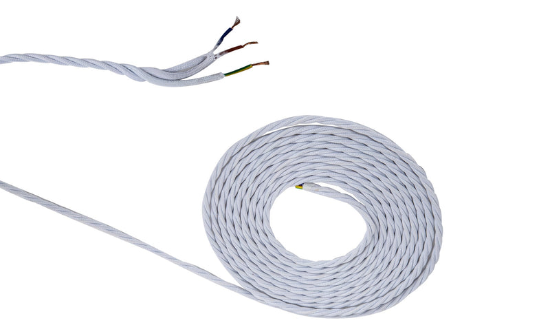 Deco Cavo 1m White Braided Twisted 3 Core 0.75mm Cable VDE Approved (qty ordered will be supplied as one continuous length) • D0664