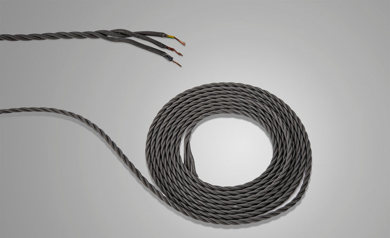 Deco Cavo 1m Grey Braided Twisted 3 Core 0.75mm Cable VDE Approved (qty ordered will be supplied as one continuous length) • D0665