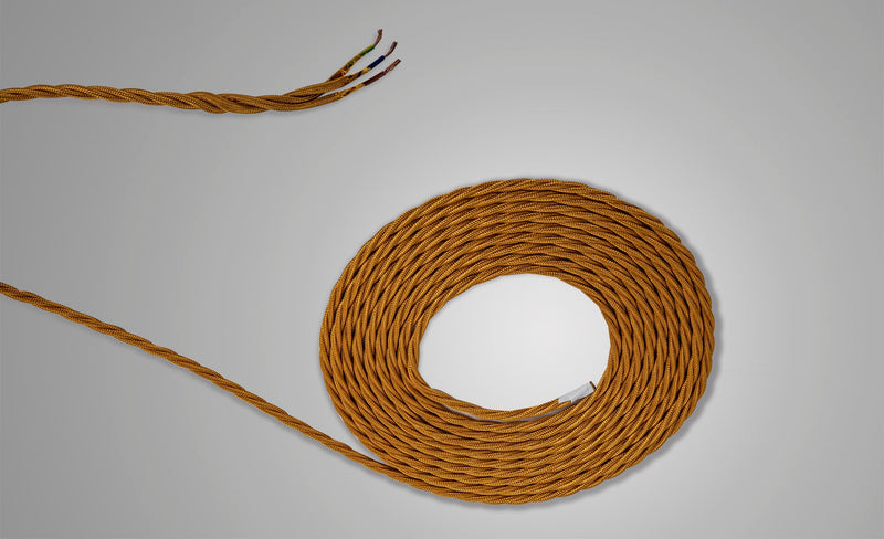 Deco Cavo 1m Gold Braided Twisted 3 Core 0.75mm Cable VDE Approved (qty ordered will be supplied as one continuous length) • D0667