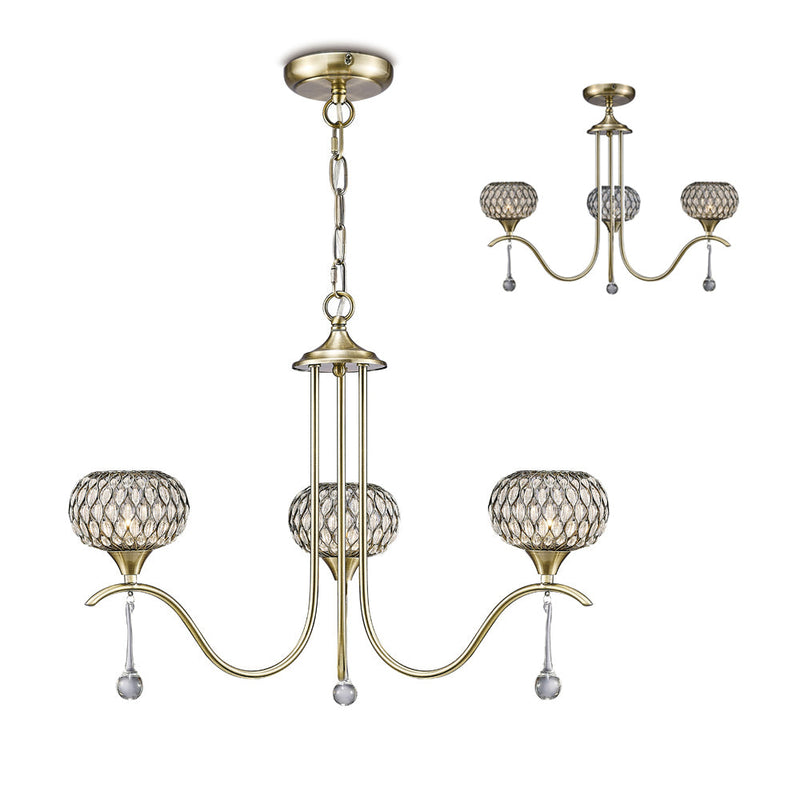 Diyas  Chelsie Pendant 3 Light G9 Antique Brass/Clear Beaded Glass • IL31513