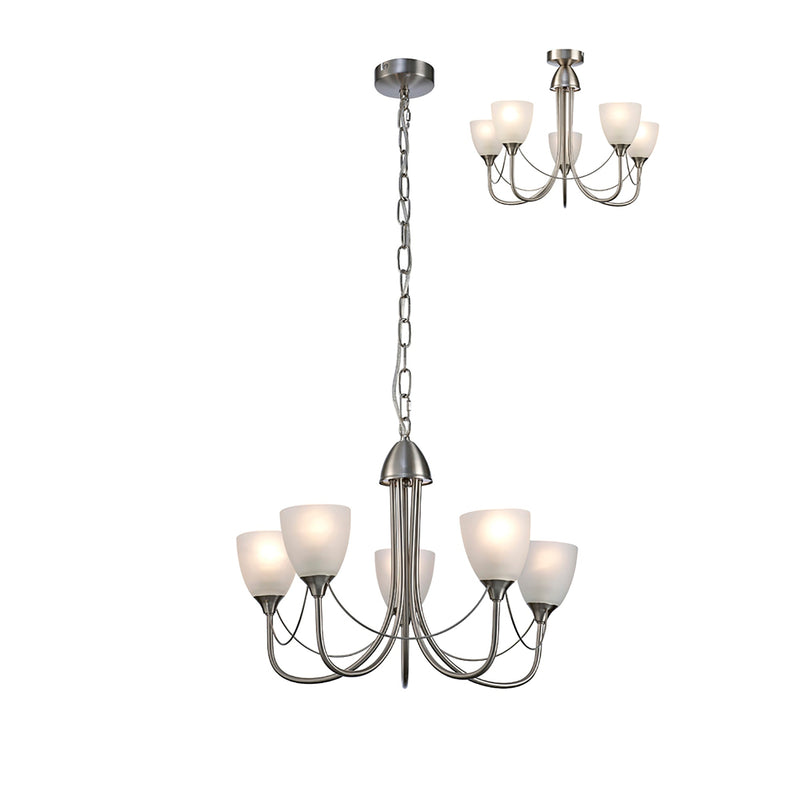 Deco Cooper Ceiling 5 Light Pendant/Semi Flush Convertible E14 Satin Nickel/Opal Glass • D0236
