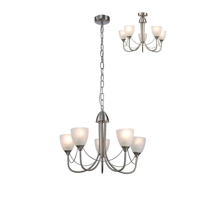 Deco Cooper Ceiling 5 Light Pendant/Semi Flush Convertible E14 Satin Nickel/Opal Glass • D0236