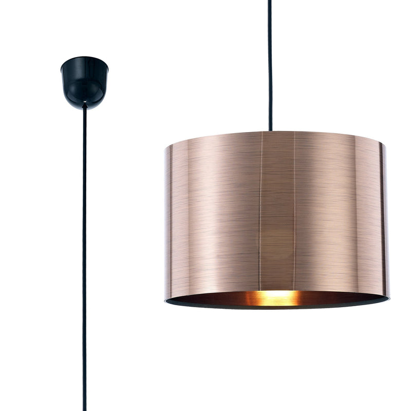 Deco Dako Black Pendant 1 Light E27 With 300 x 200mm Metallic Copper Finish Cylinder Shade, c/w Ceiling Bracket • D0253